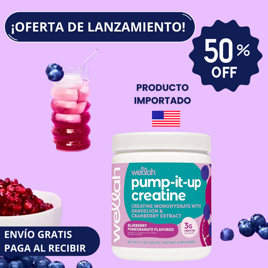 Wellah Creatina Monohidratada Pump It Up 🇺🇸 - Energía, potencia y sabor en cada porción🫐