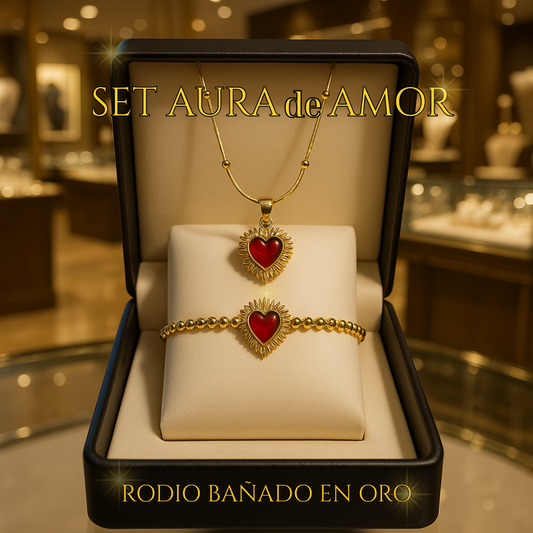 Aura de Amor – Set de Collar y Pulsera con corazón en rodio bañado en oro