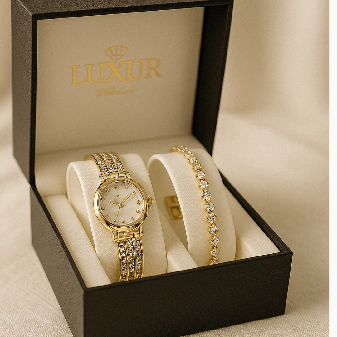 El Regalo que Hará Brillar a Mamá: Kit de Reloj Luxur+ brazalete con Caja de Lujo🎁