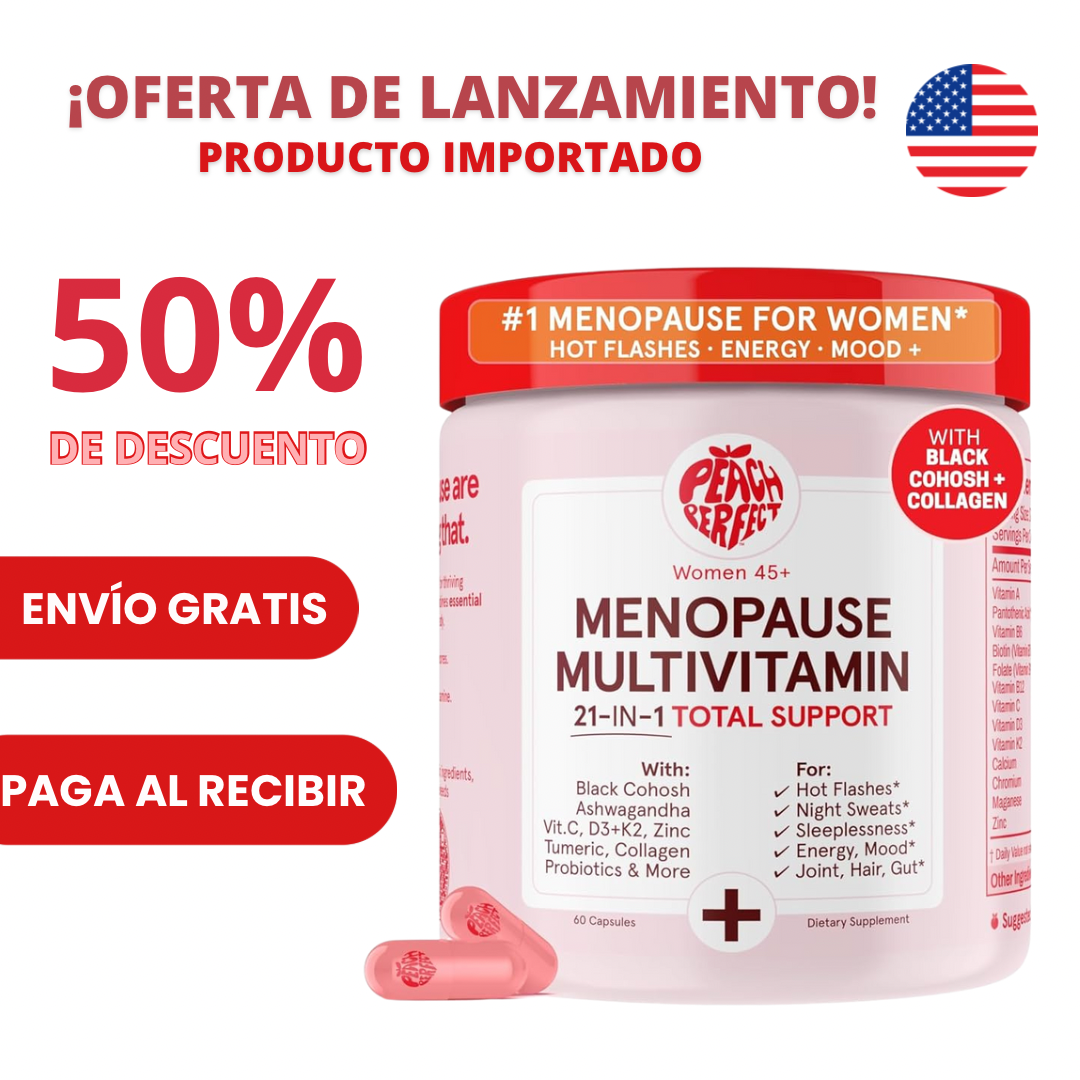 Peach Perfect 21-en-1🇺🇸: Multivitamínico para la Menopausia + Belleza y Equilibrio Hormonal